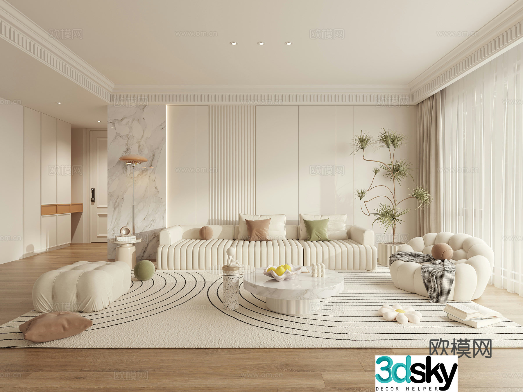French creamy living room 3d model