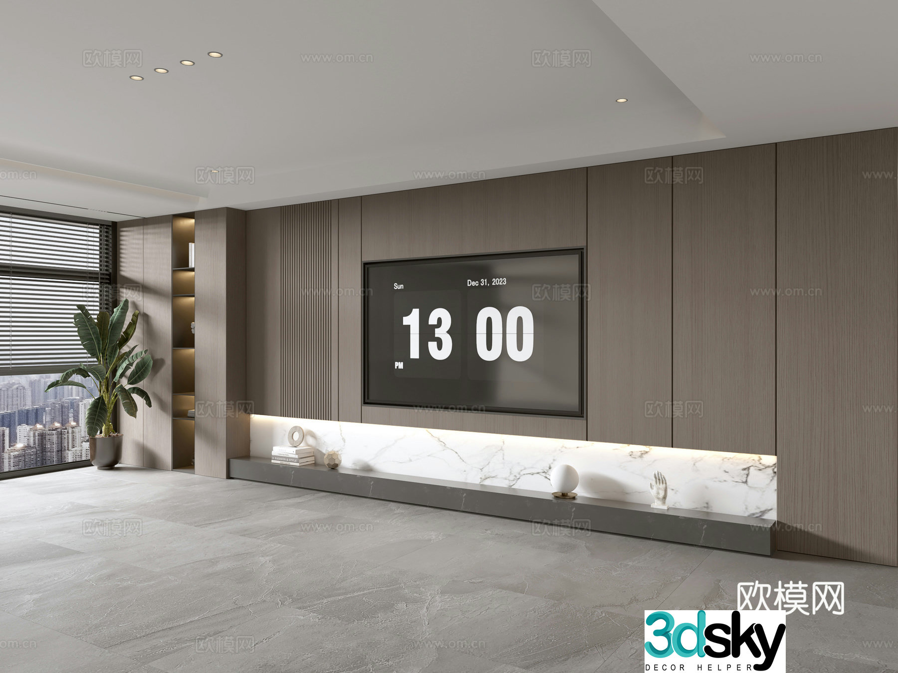 Modern Italian living room light luxury TV background wall full wall TV cabinet marble background wall 3d model