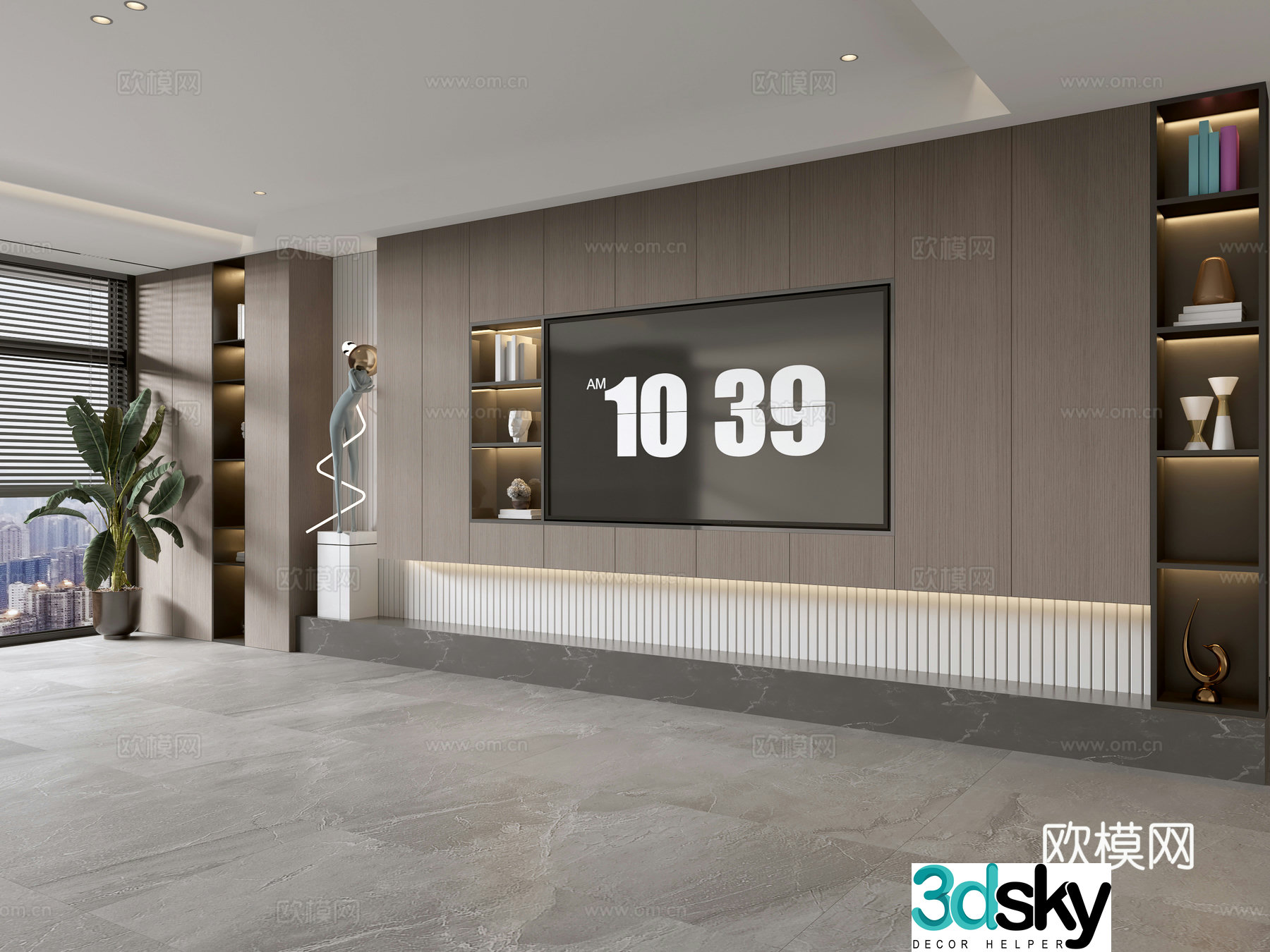Modern Italian living room light luxury TV background wall full wall TV cabinet wooden veneer background wall 3d model