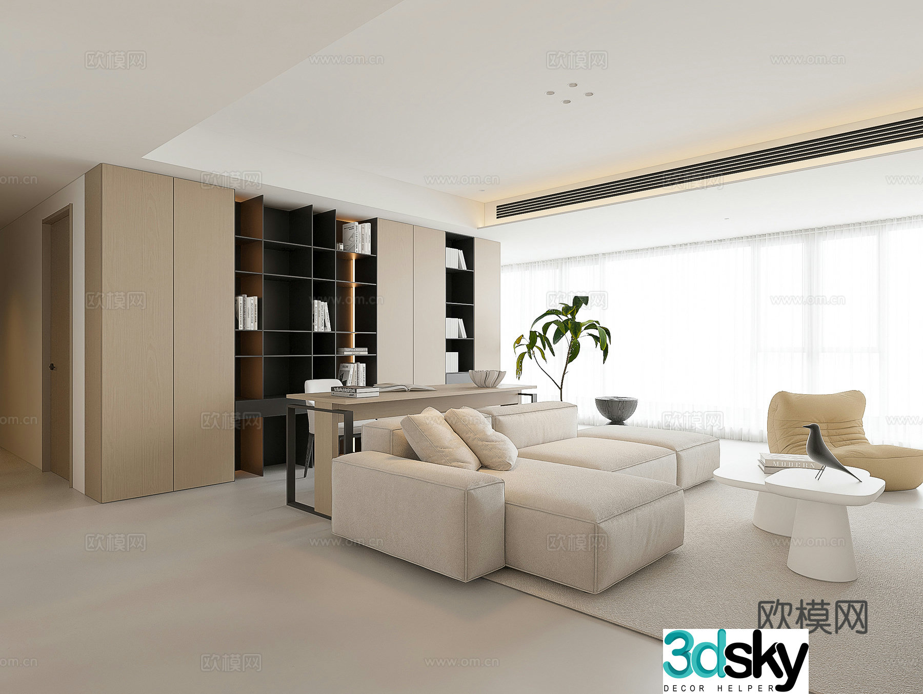 Modern living and dining room Log cafe Minimalist living and dining room Large flat living and dining room Living room bookcase 3D model