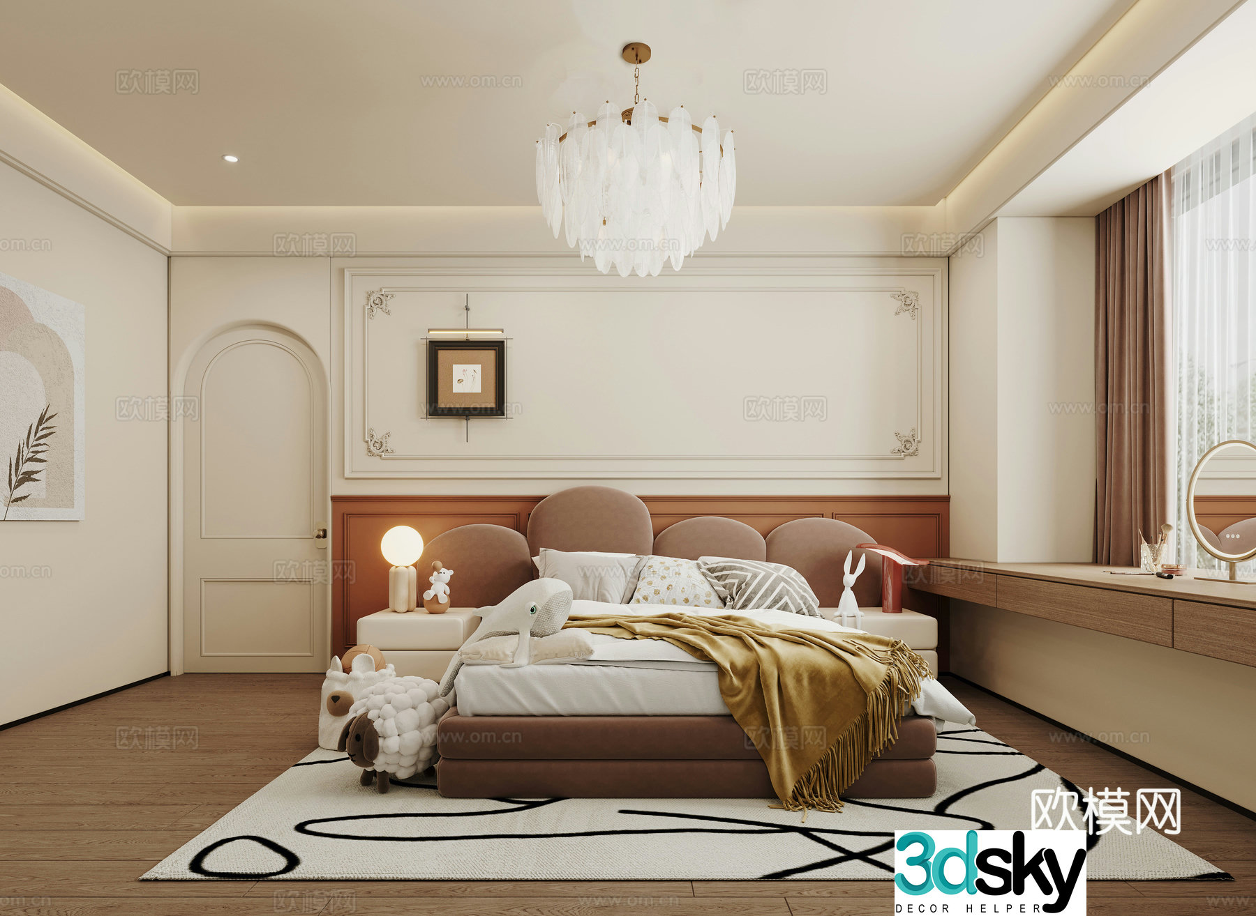Creamy children’s room chandelier double bed 3d model