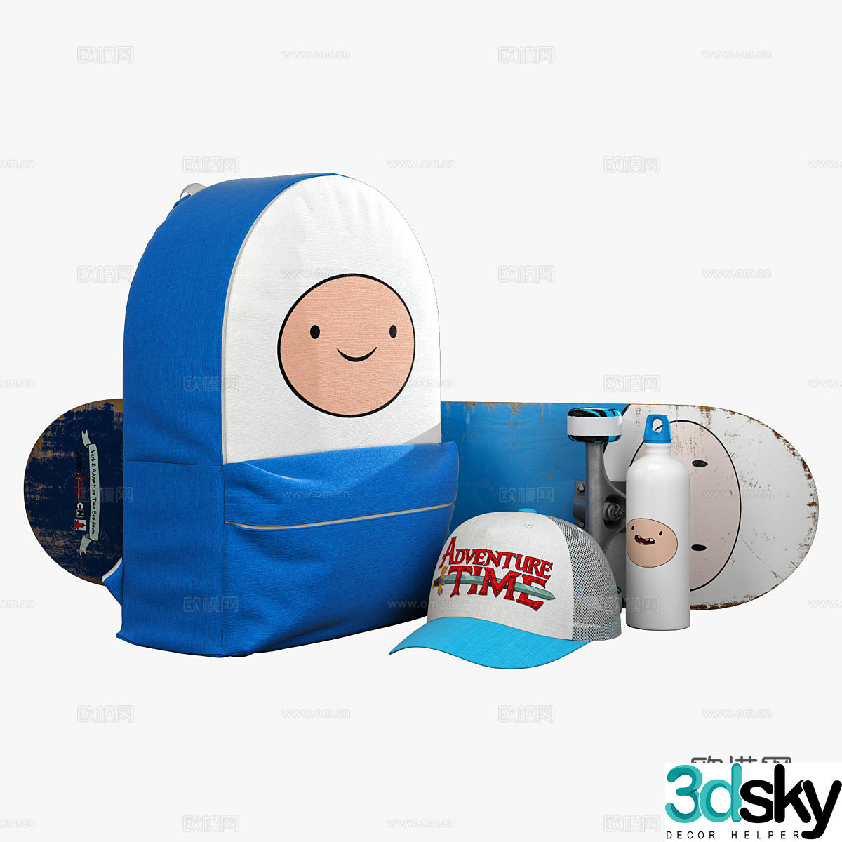 Skateboard Backpack Skating Baseball Cap Water Bottle 3D Model