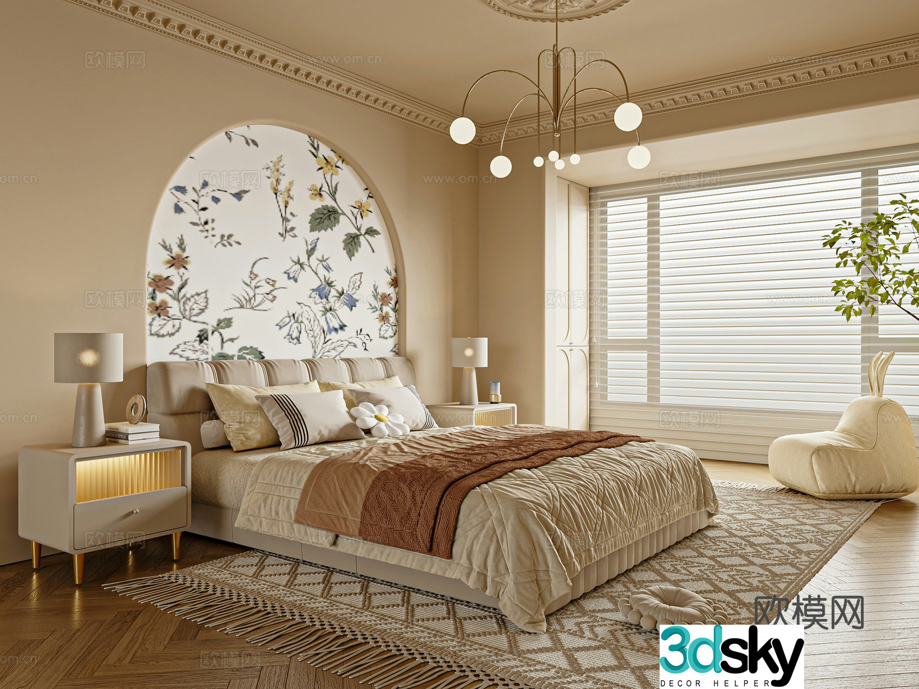 French cream style home bedroom double bed nightstand 3d model