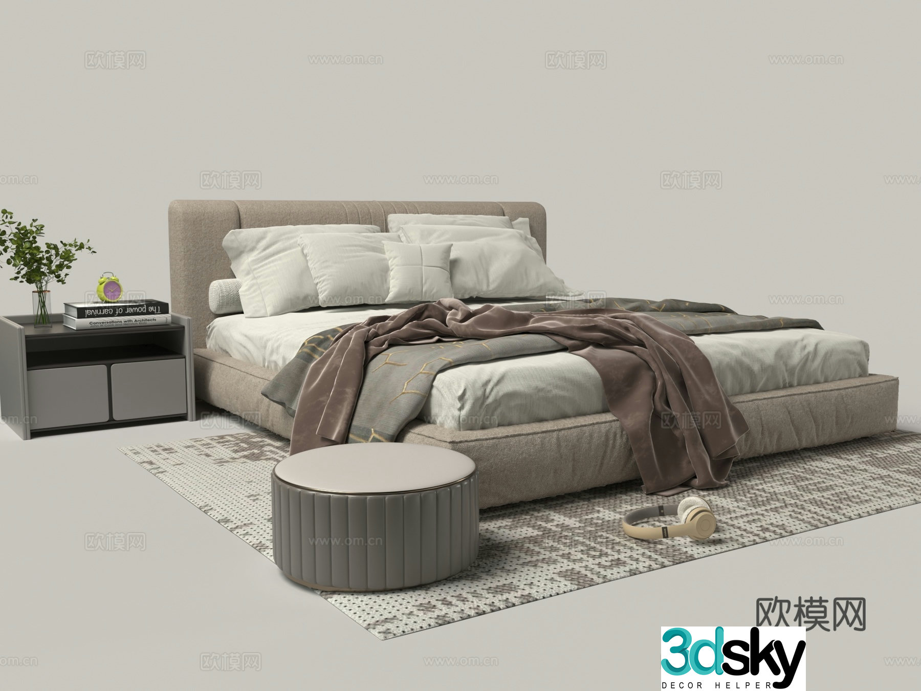Modern fabric double bed nightstand combination 3D model