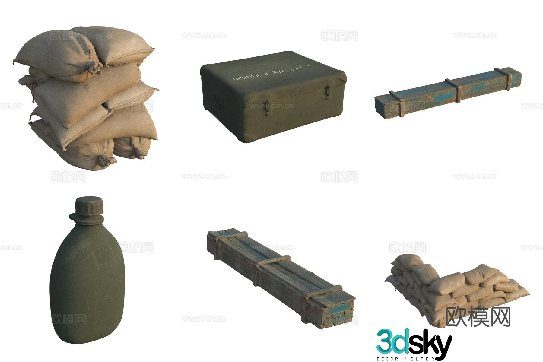 Military equipment iron box sandbag pile military kettle 3d model