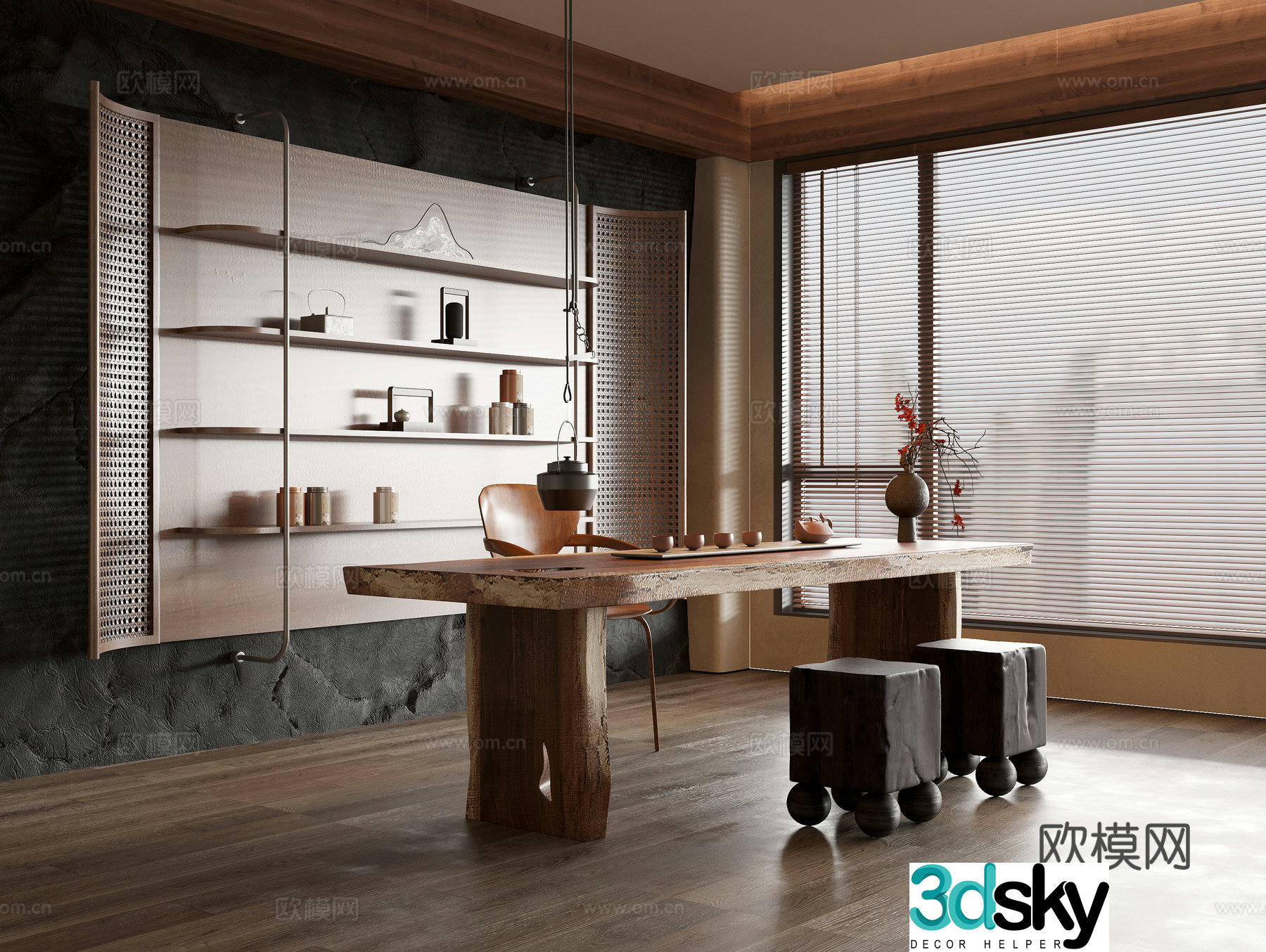 Chinese tea room solid wood tea table solid wood single chair solid wood square stool tea cabinet tea set combination 3D model