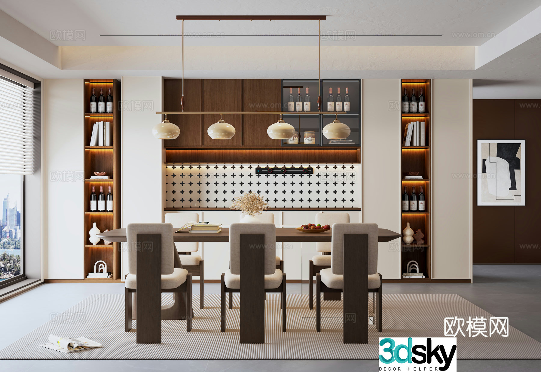 Middle style restaurant dining table and chair combination long dining table chandeliers sideboards decorative paintings 3D model