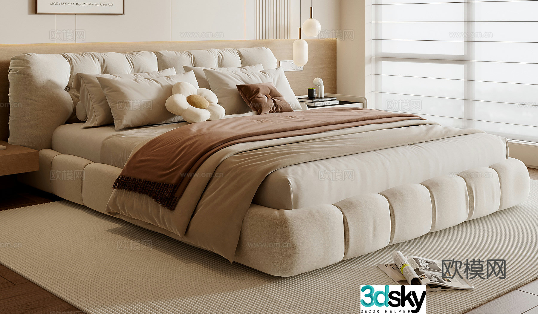 Creamy Double Bed 3D Model