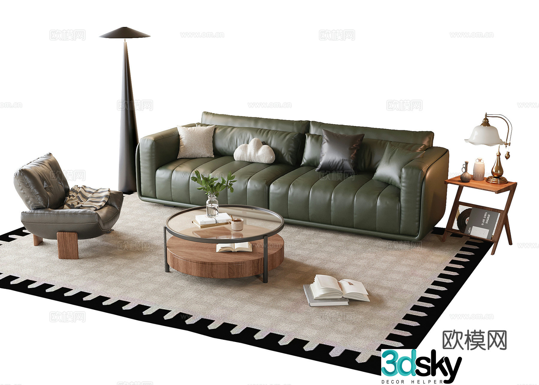 French sofa coffee table combination carpet floor lamp leisure chair 3d model