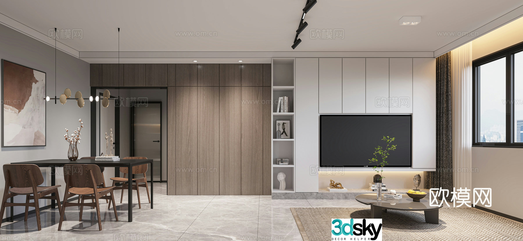 Modern living and dining room 3d model