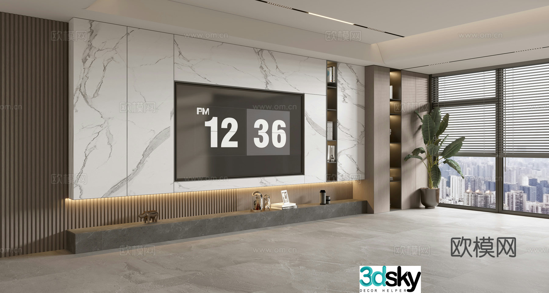 Modern Italian living room light luxury TV background wall full wall TV cabinet marble background wall 3d model