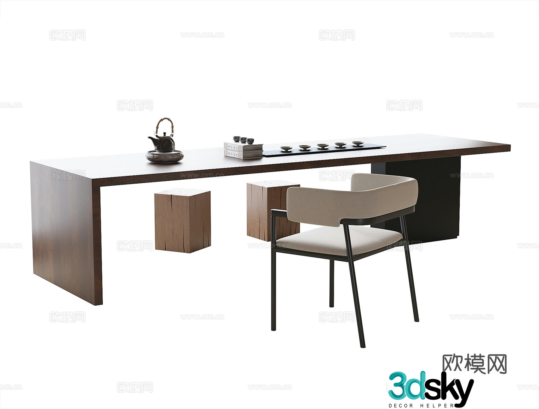 Modern tea table and chair combination tea chair tea set 3D model