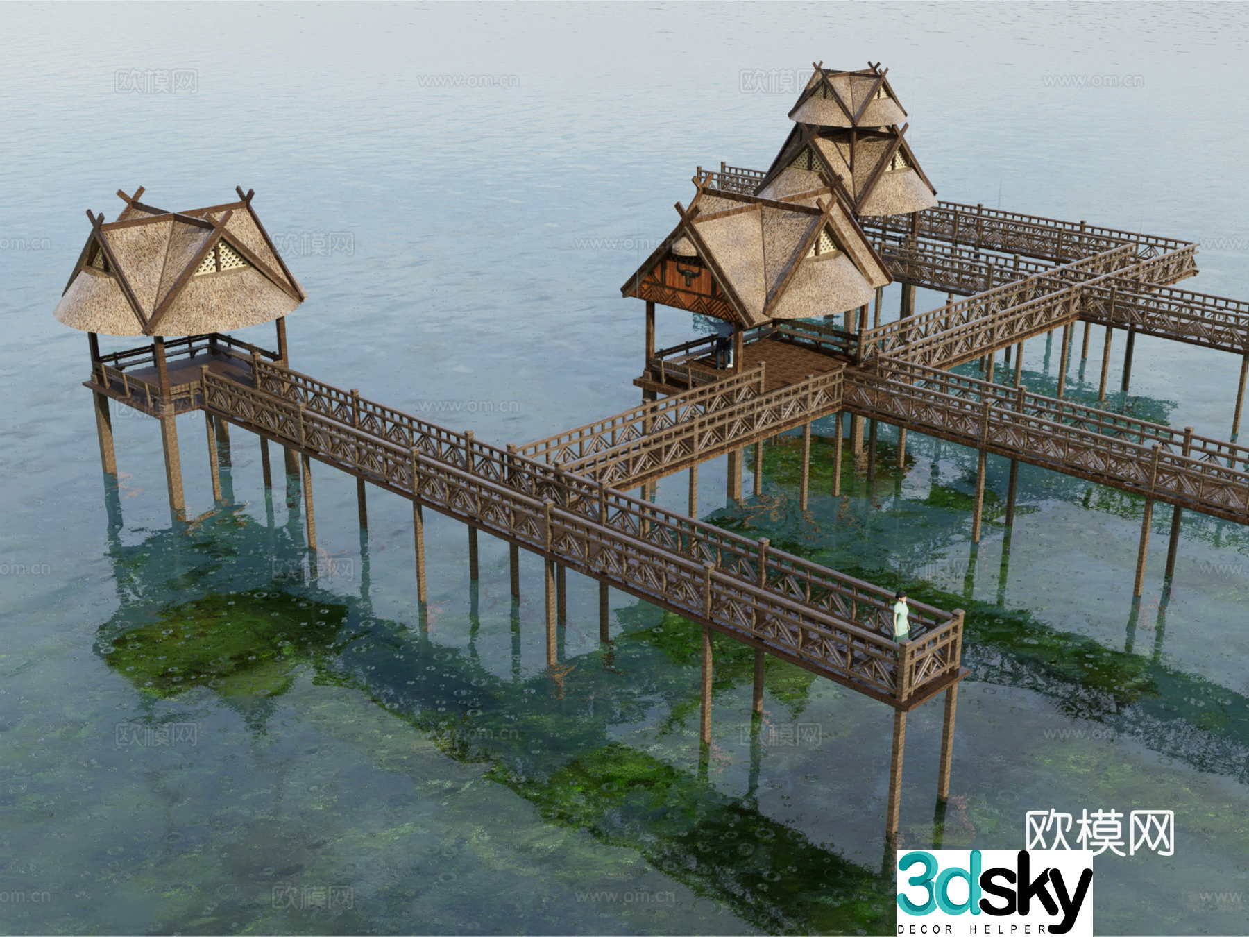 New Chinese style retro pavilion ethnic style pavilion thatched pavilion water plank road plank road trail 3d model