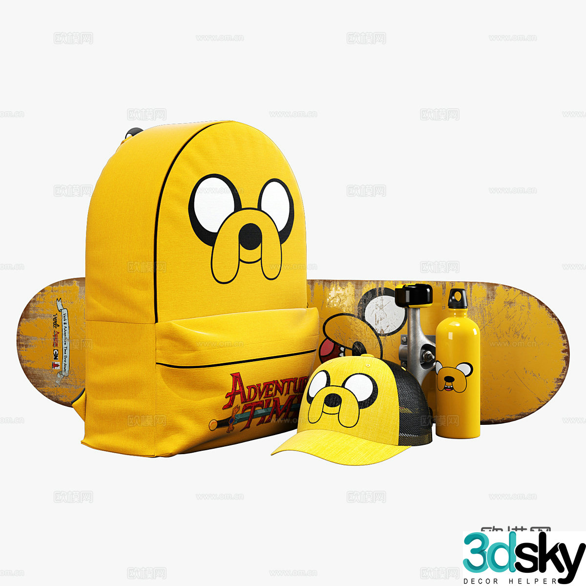 Skateboard Backpack Skating Baseball Cap Water Bottle 3D Model