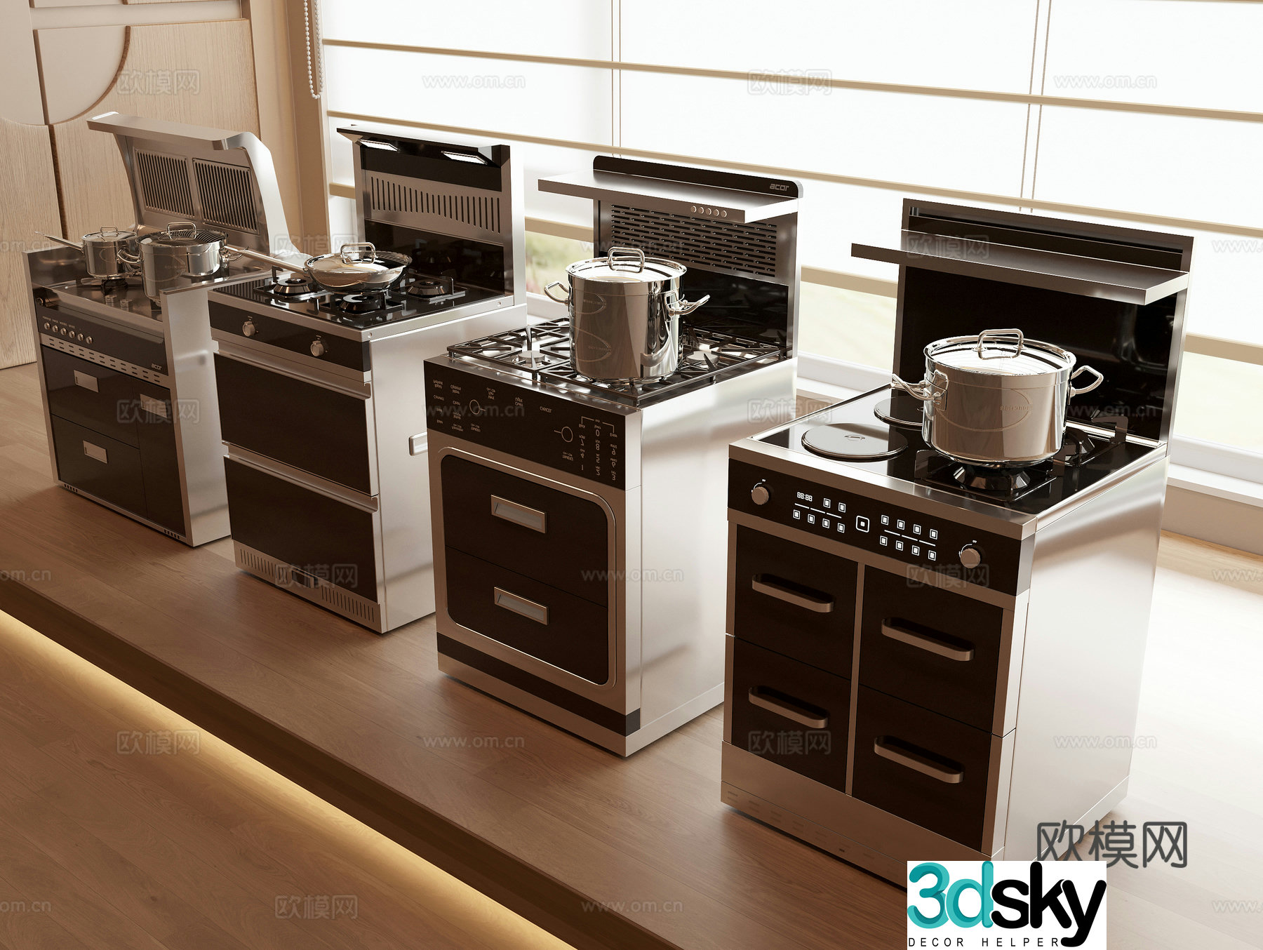 Integrated stove Integrated stove combination Kitchen pots and 3D model of kitchen appliances