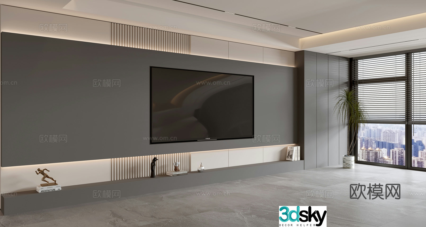 Modern simple living room light luxury TV background wall full wall TV cabinet 3D model