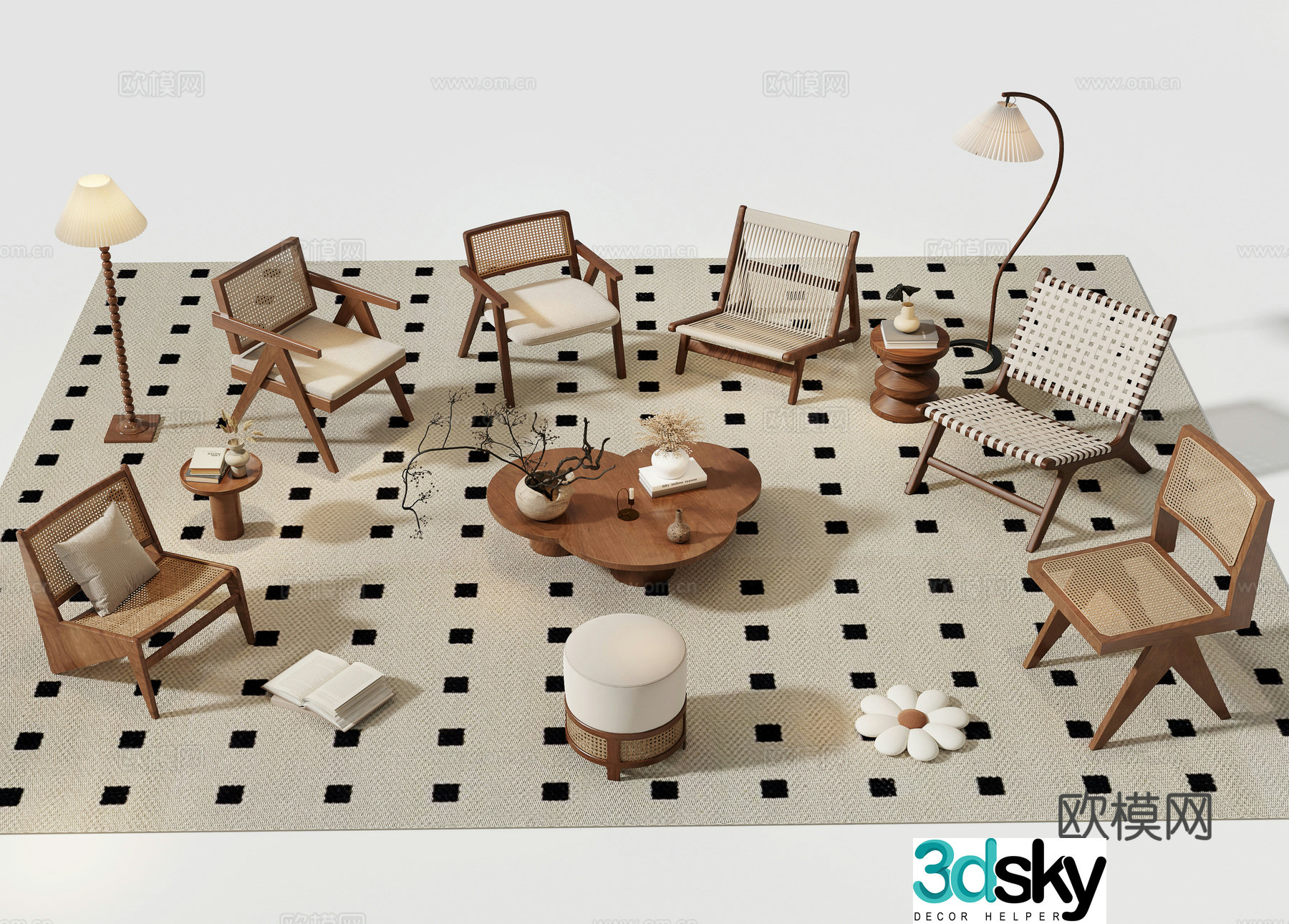Middle-aged leisure chair rattan chair sofa chair wooden chair floor lamp carpet 3d model