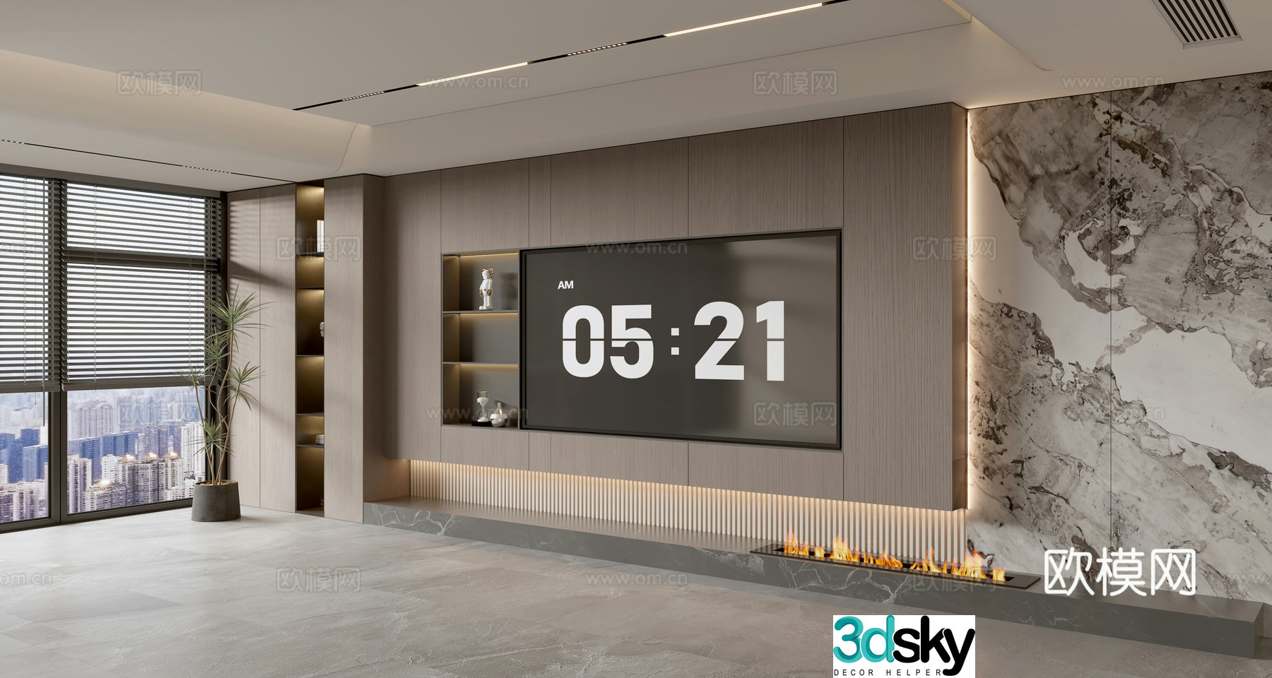 Modern Italian living room light luxury TV background wall full wall TV cabinet marble background wall 3d model
