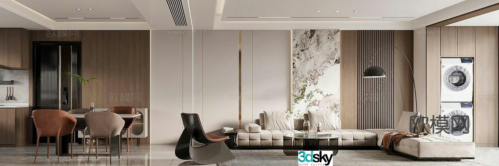 Modern living and dining room 3d model