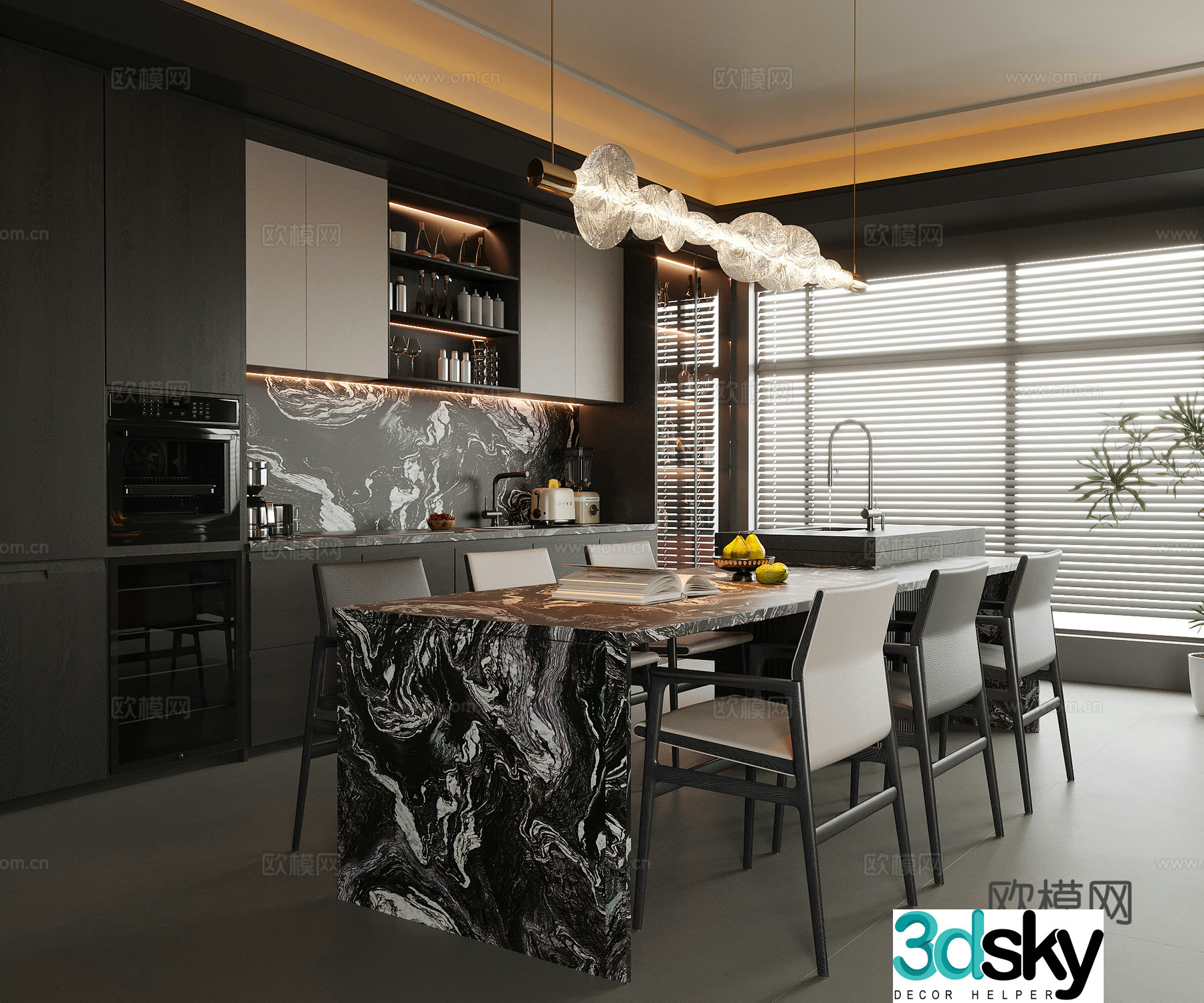 Modern restaurant dining table and chair wine cabinet sideboard 3d model