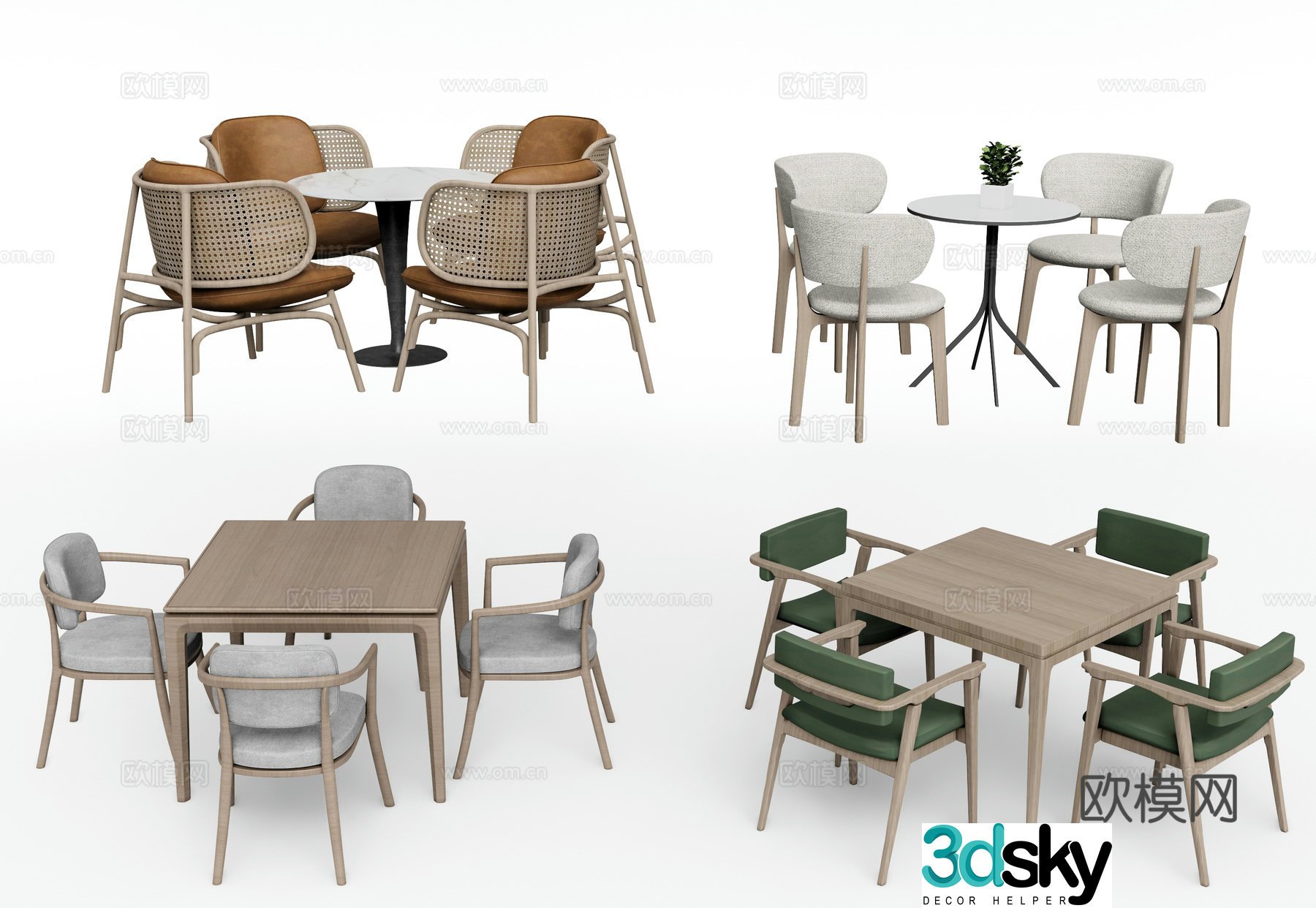 Modern casual table and chairs Solid wood four-person table and chair 3D model