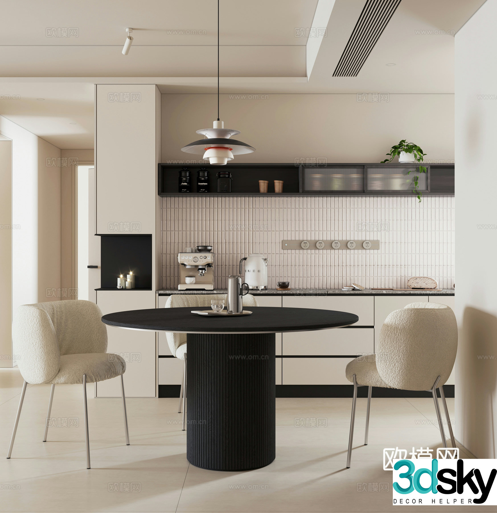 Modern minimalist black and white home restaurant round table restaurant open restaurant round dining table chair 3d model