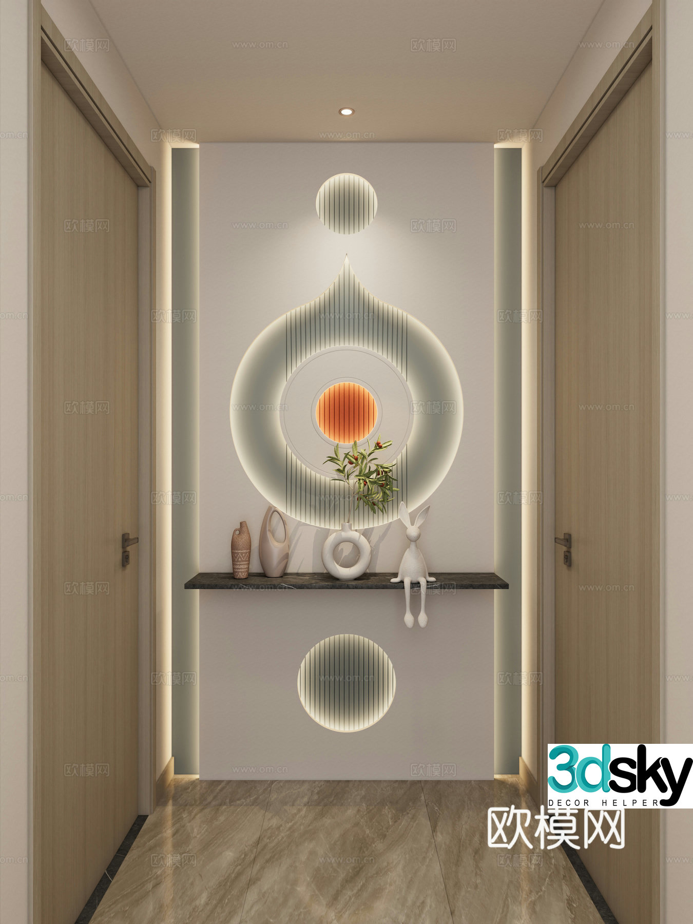 Cream Simple Style Curved Shape Hermes Orange Grating Board Corridor End View Entrance Entrance 3D Model