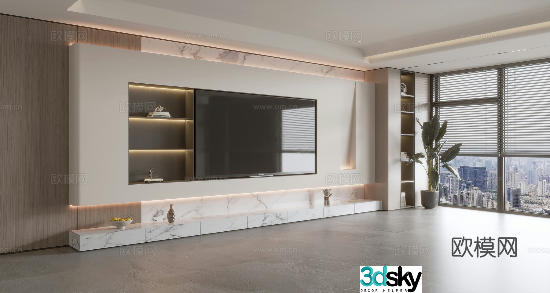 Modern simple living room light luxury TV background wall full wall TV cabinet 3D model