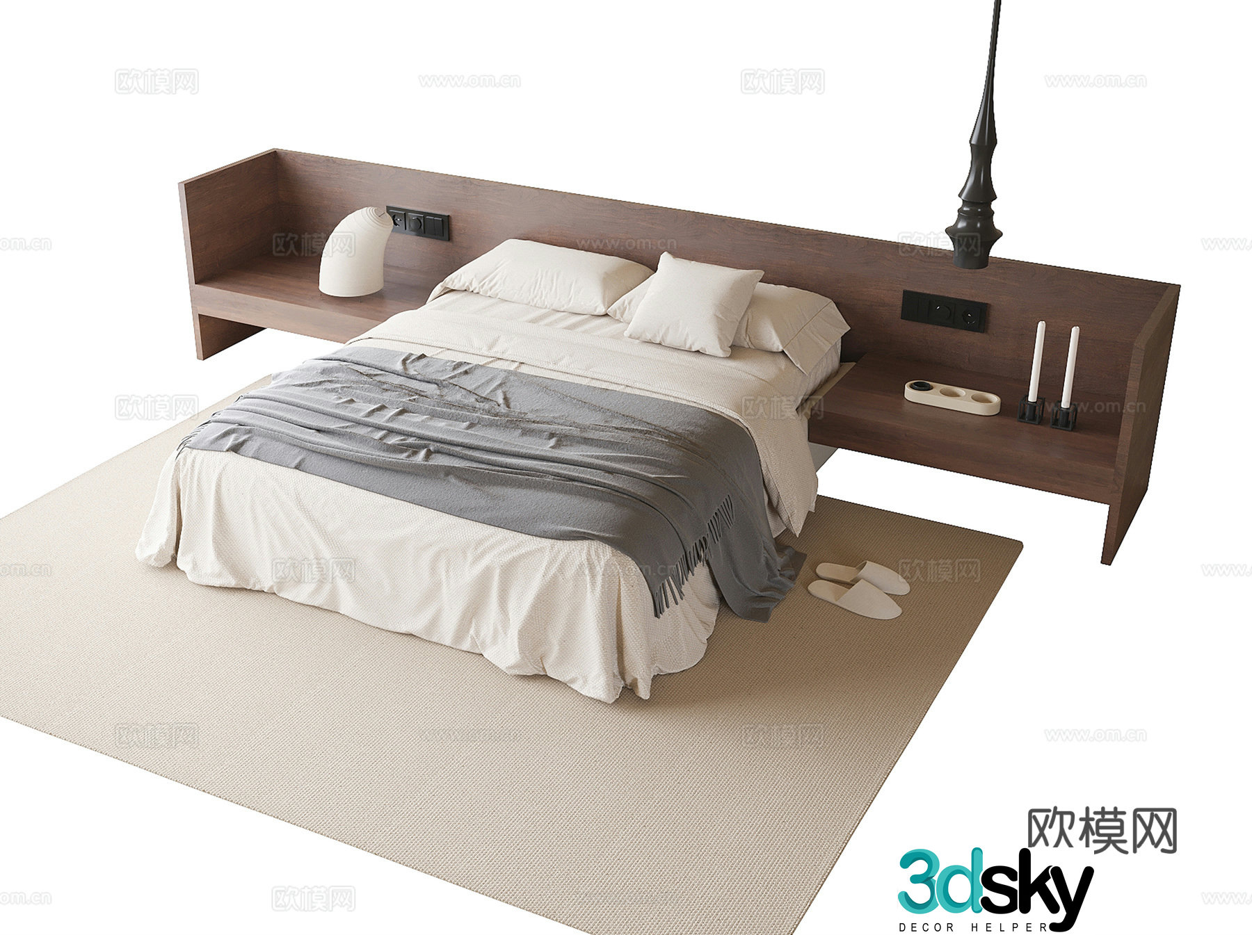 Modern double bed backrestless bed bed nightstand 3d model