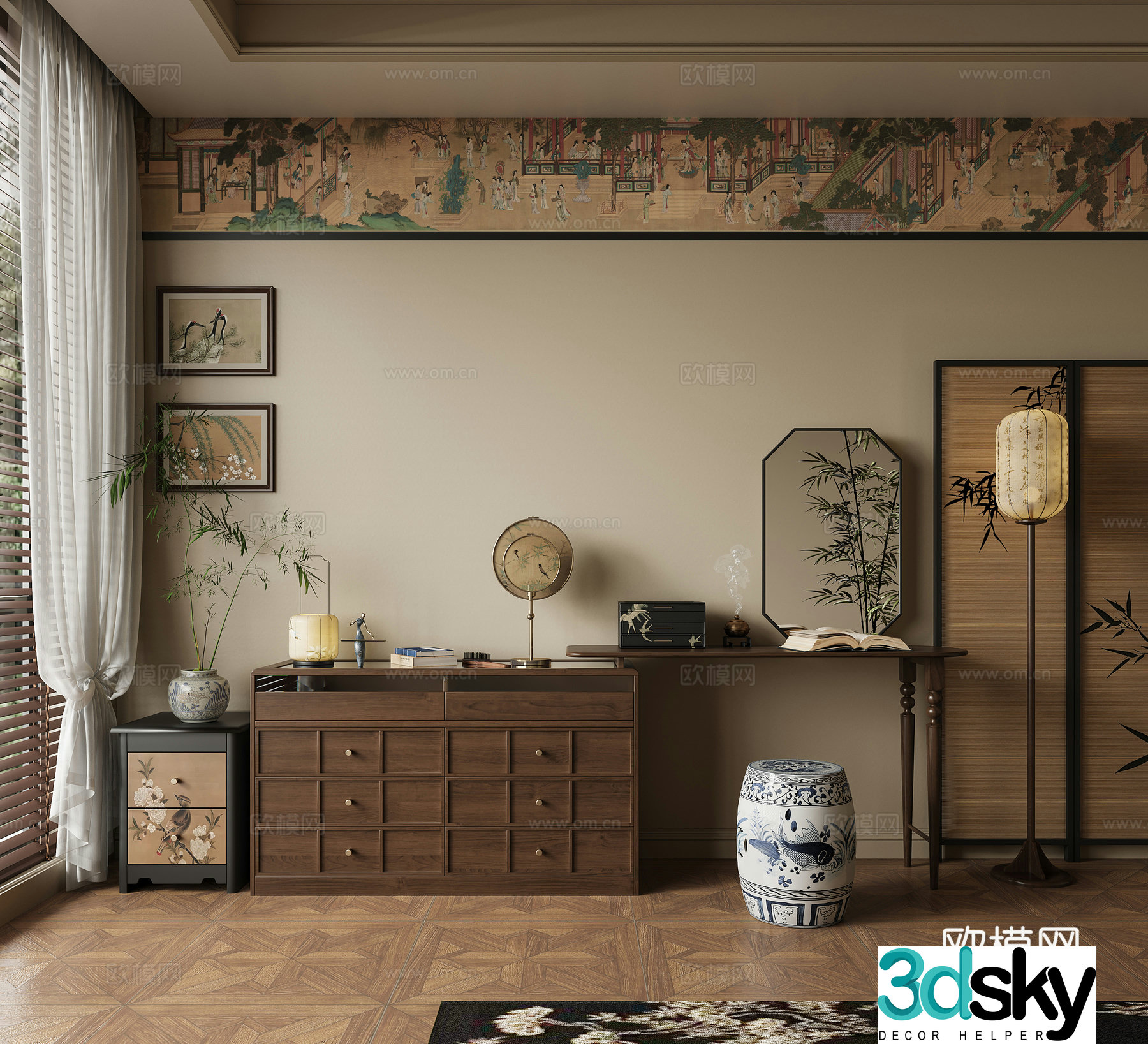 New Chinese dressing table screen new Chinese lamp new Chinese hanging painting Song style aesthetic dressing table 3D model