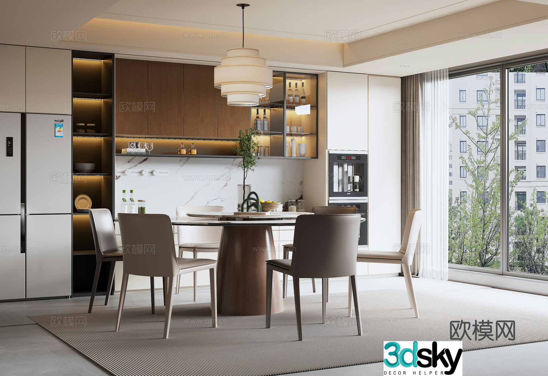 Modern Italian restaurant Round dining table Refrigerator sideboard Chandelier 3d model