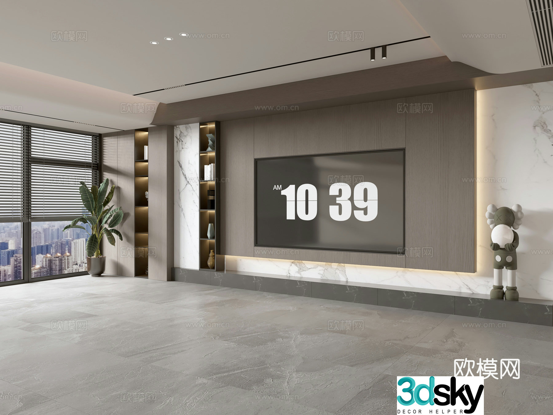 Modern Italian living room light luxury TV background wall full wall TV cabinet marble background wall 3d model