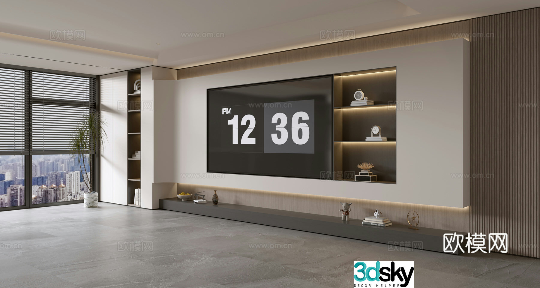 Modern simple living room light luxury TV background wall full wall TV cabinet 3D model