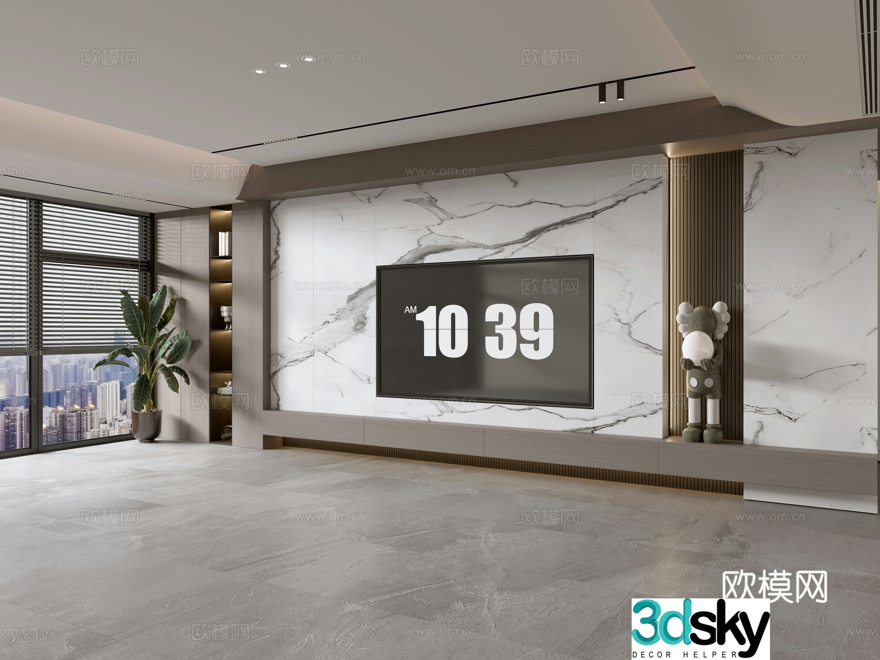 Modern Italian living room light luxury TV background wall full wall TV cabinet marble background wall 3d model