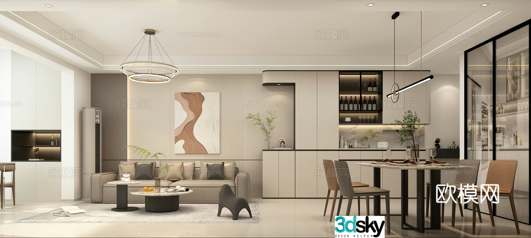 Modern living and dining room 3d model