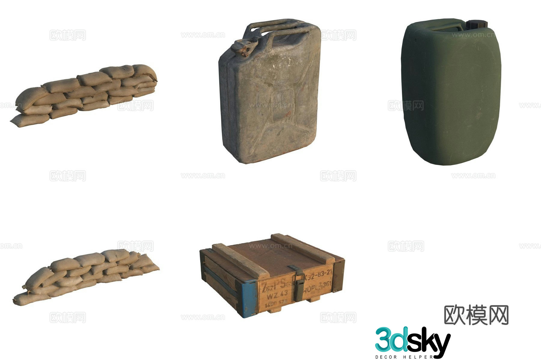 Military equipment fuel tank wooden box sandbag pile water tank 3d model