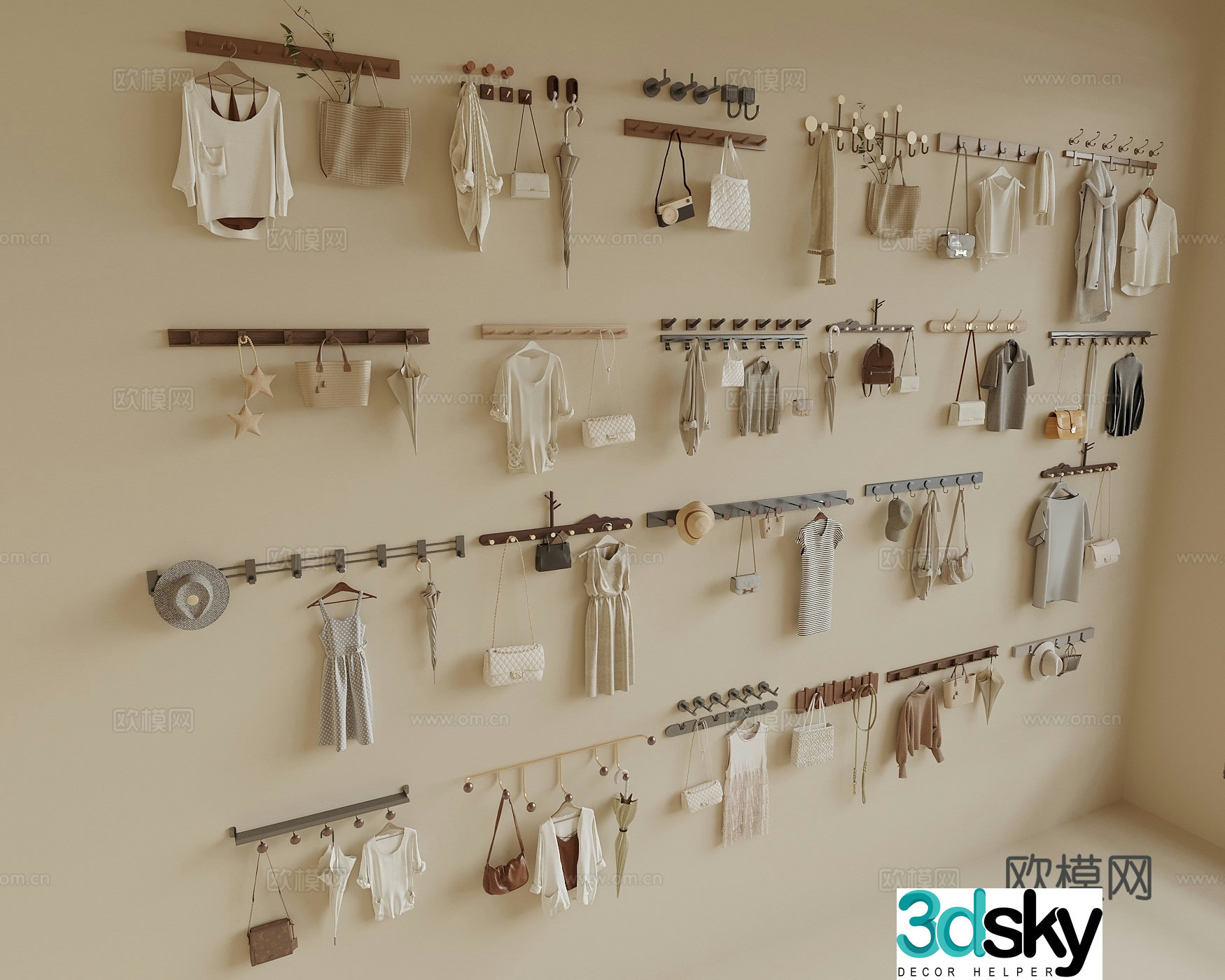 Modern clothes hooks clothes bags umbrellas hats 3d model