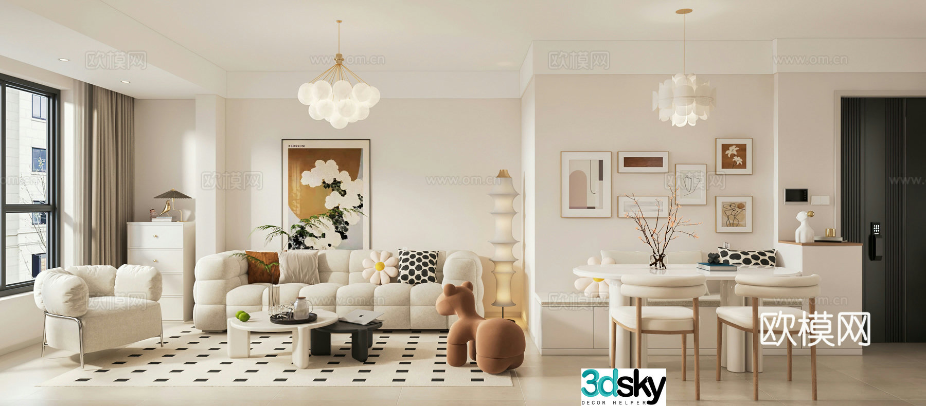 Creamy style dining room small apartment entrance cabinet 3d model