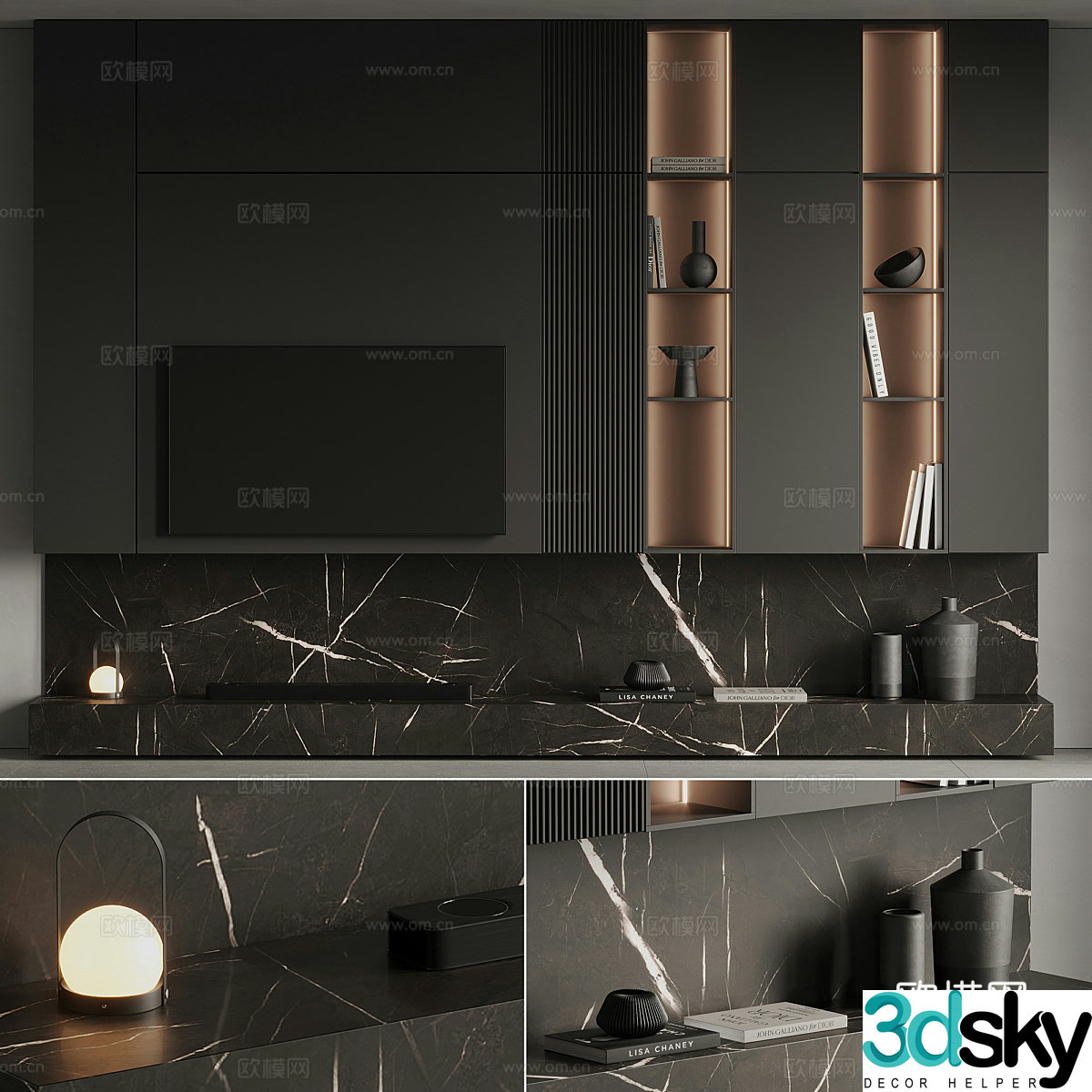 Modern dark style minimalist TV background wall 3d model