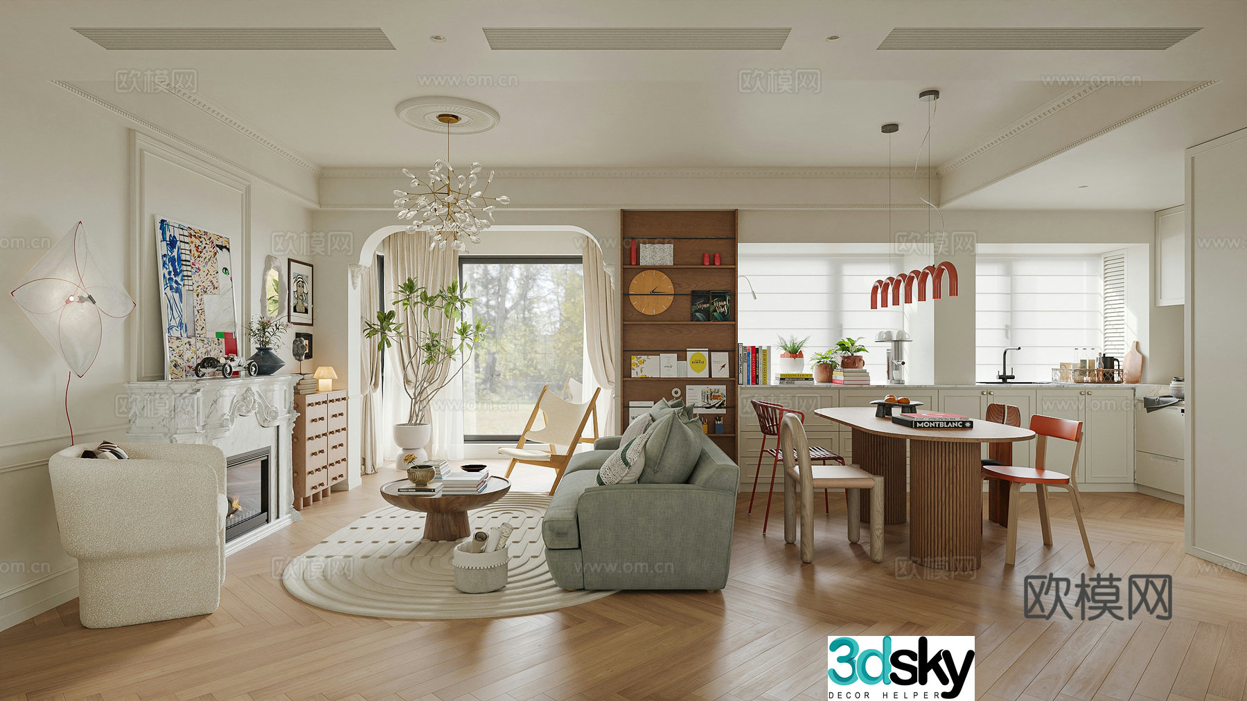 Modern medieval style living room fireplace bookshelf horizontal hall open kitchen French medieval mixed match 3D model