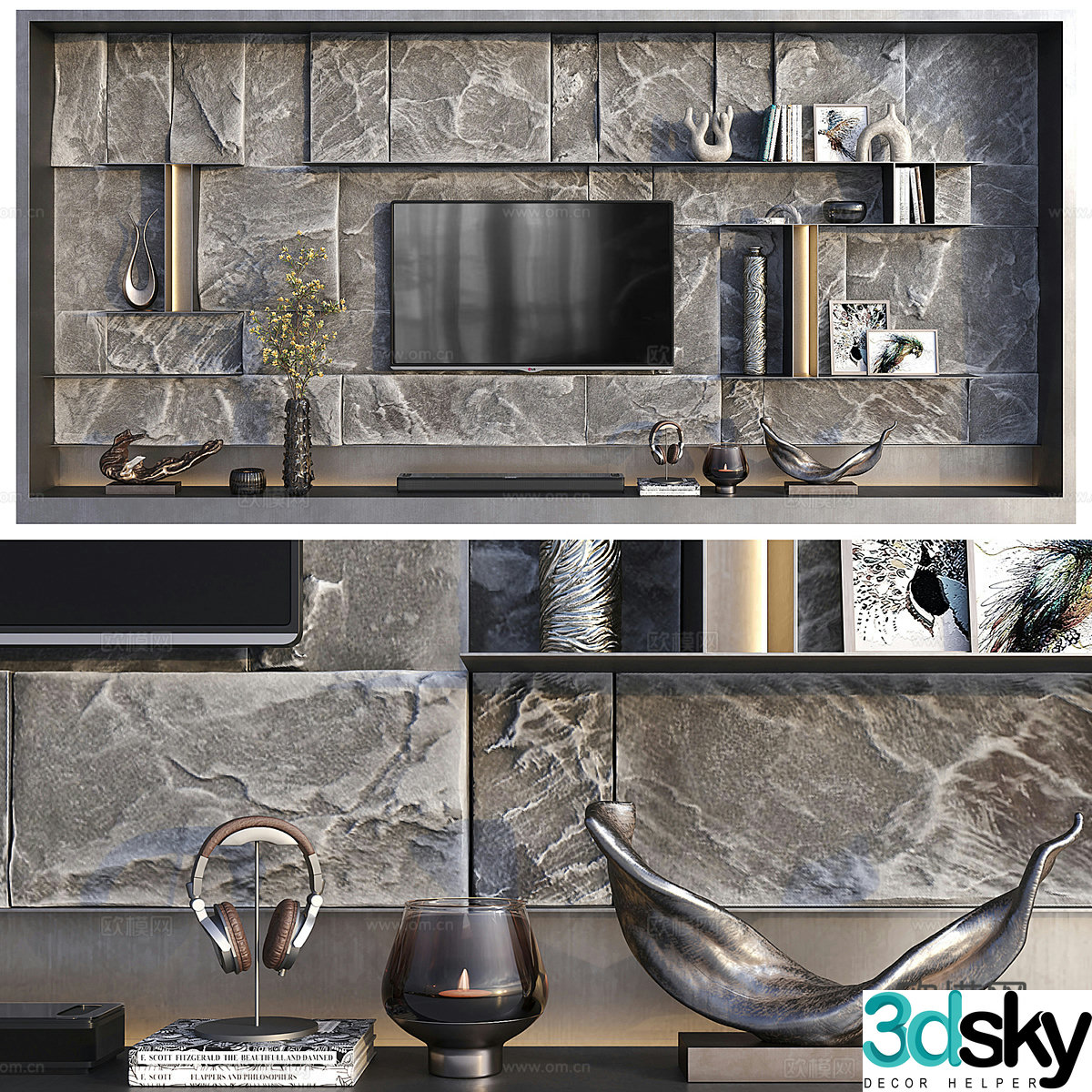 Modern Italian wool stone TV background wall 3d model