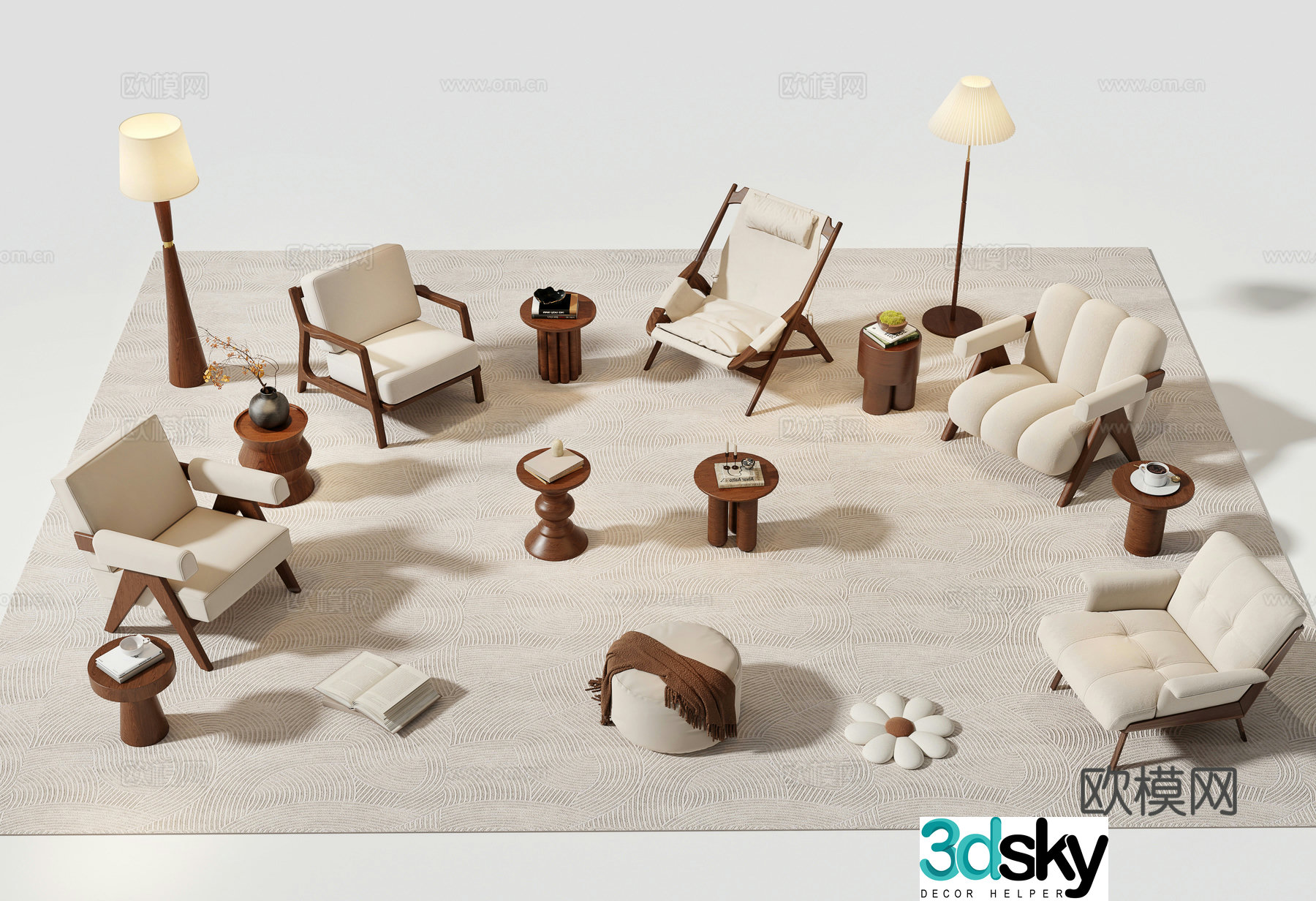 Middle-aged leisure chair cloth chair wooden chair leisure chair leisure table and chair floor lamp 3d model
