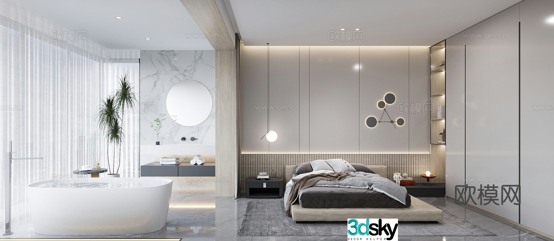 3D model of modern master bedroom master bathroom
