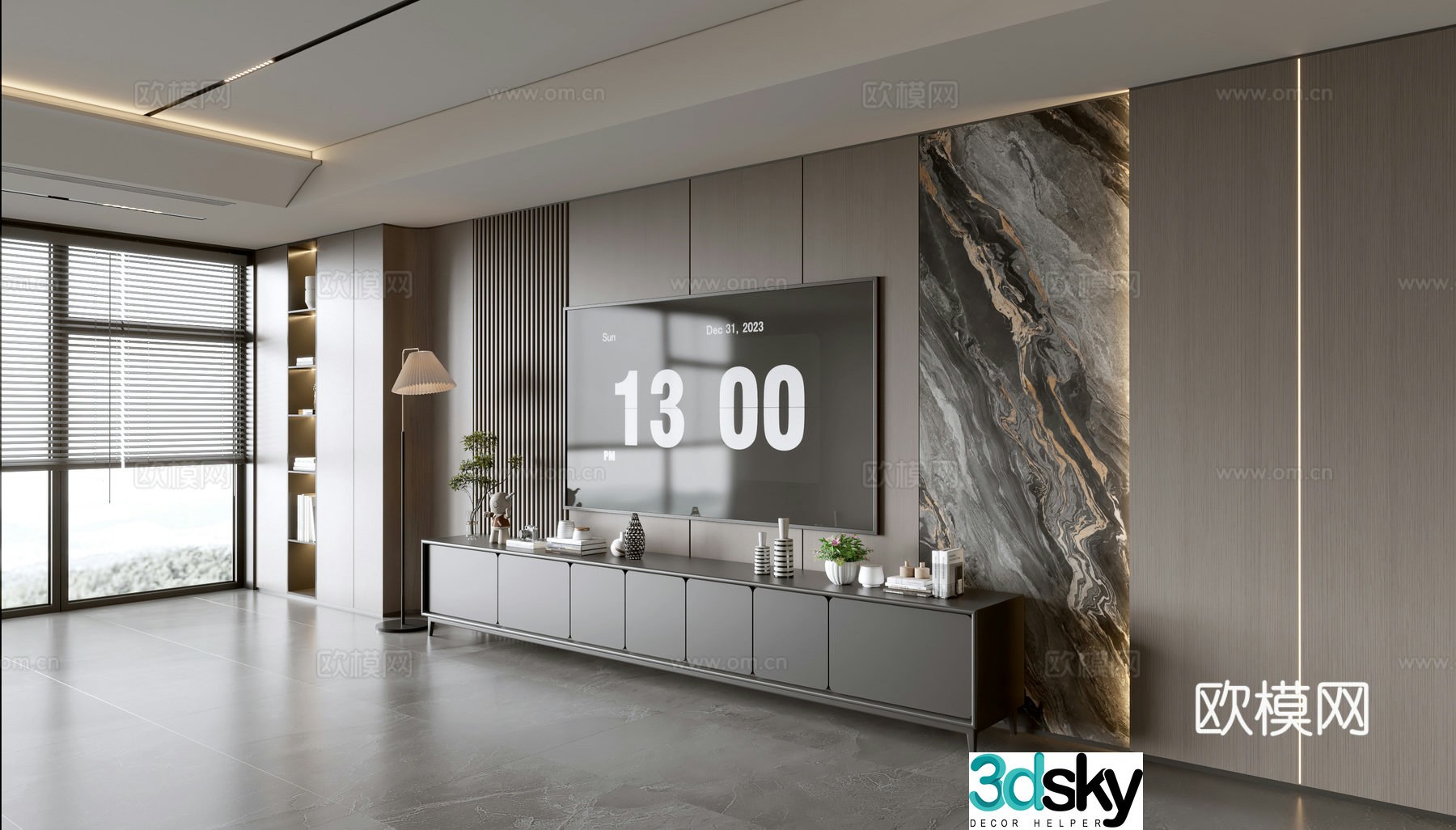 Modern Italian living room light luxury TV background wall full wall TV cabinet marble background wall 3d model