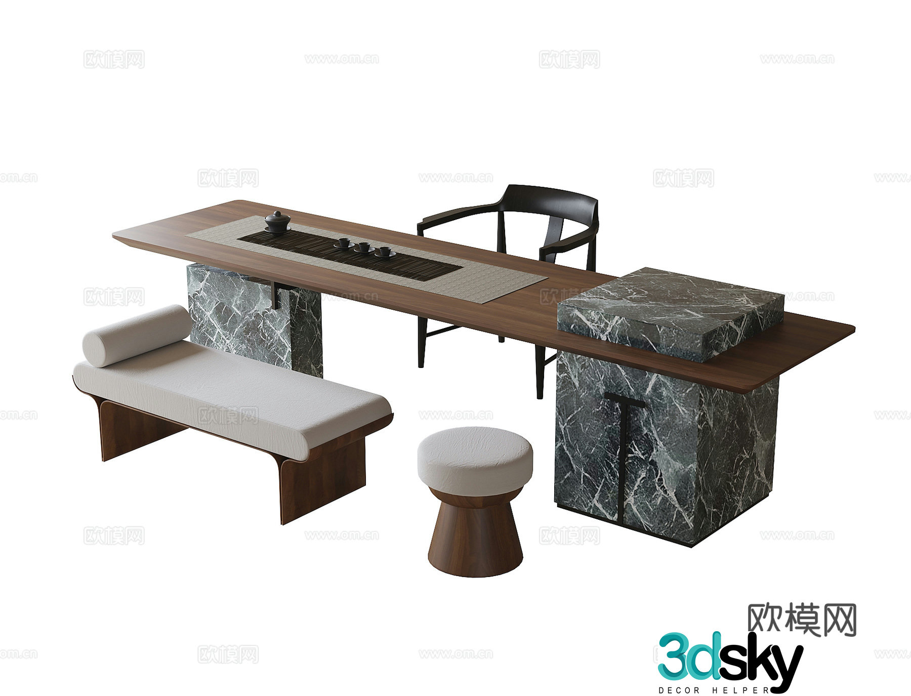Modern tea table and chair combination tea table stool bench tea set 3d model