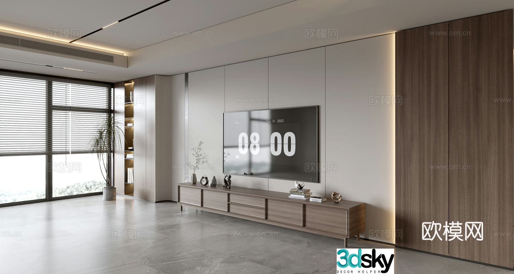 Modern simple living room light luxury TV background wall full wall TV cabinet wooden veneer background wall 3d model