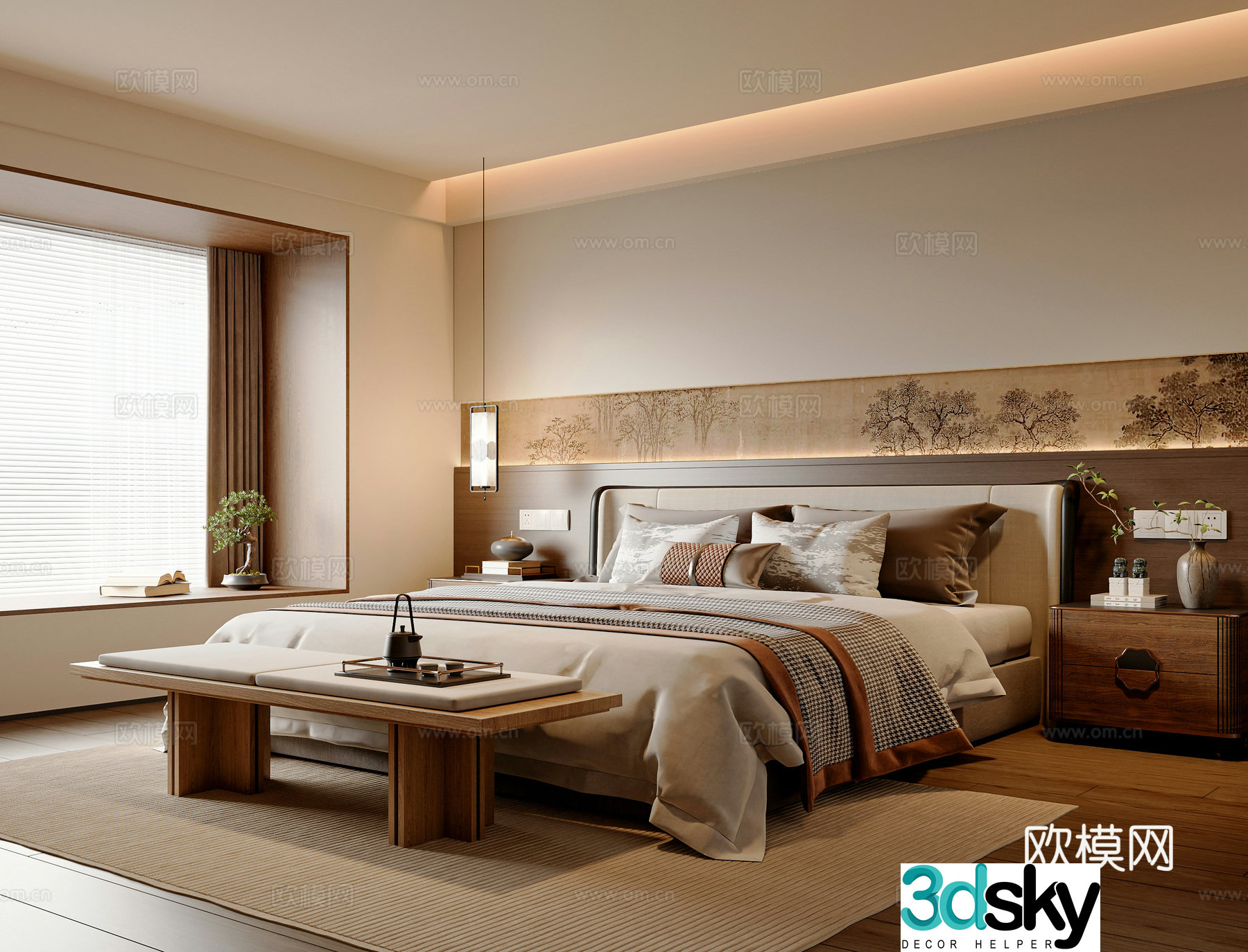 New Chinese style bedroom Master bedroom New Chinese style double bed New Chinese style bedside table New Chinese style bedside stool 3D model