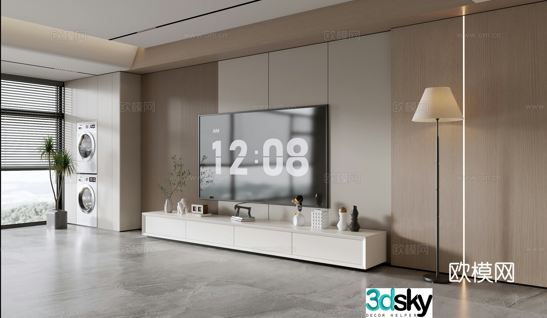 Modern simple living room light luxury TV background wall full wall TV cabinet wooden veneer background wall 3d model