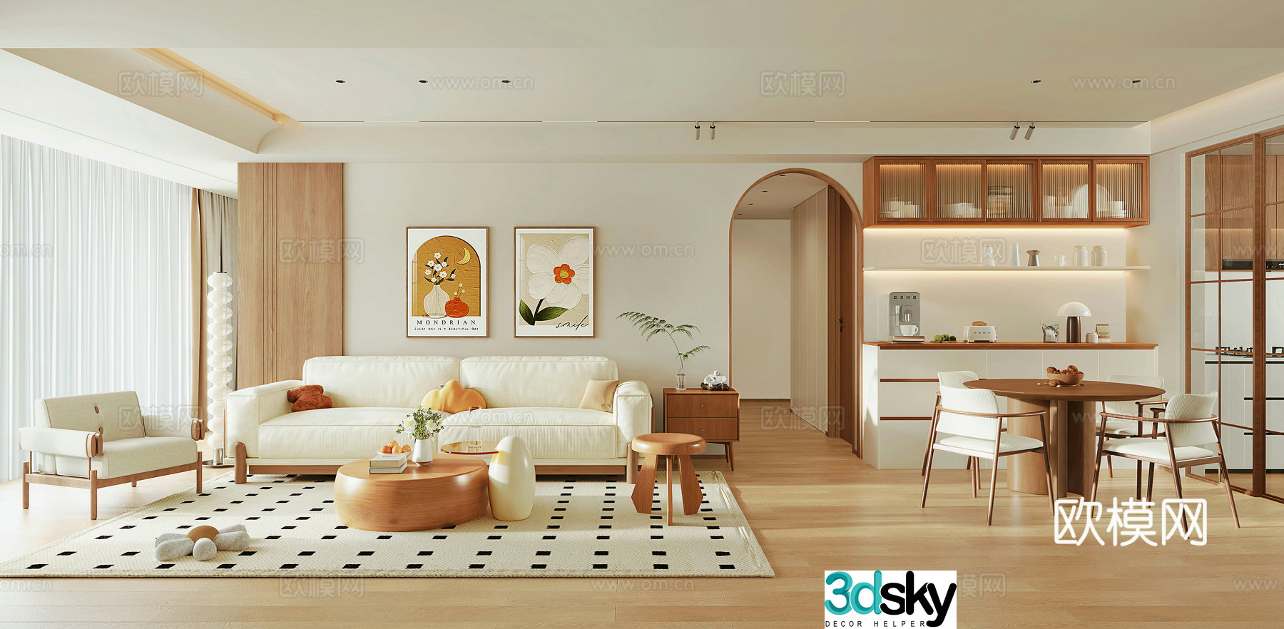 Modern cream style dining room fabric sofa combination dining table and chair combination sideboard decorative painting 3D model