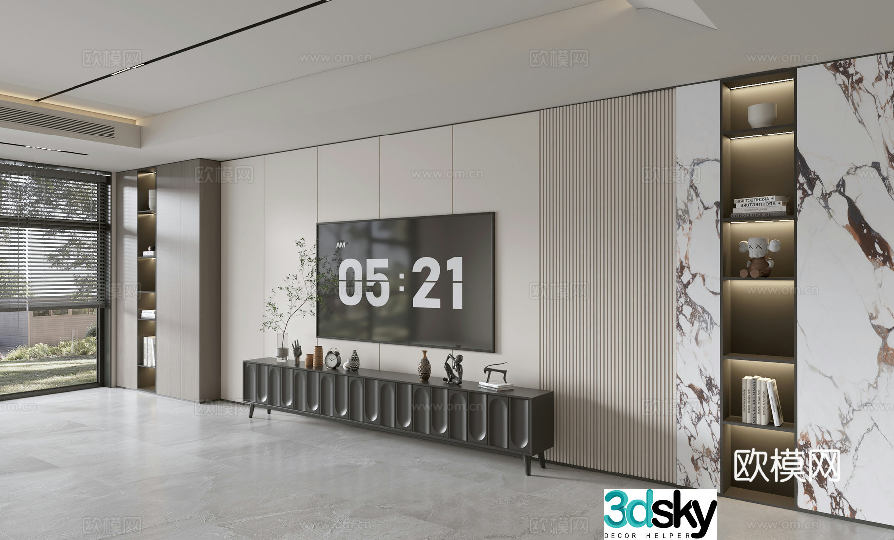 Modern Italian living room light luxury TV background wall full wall TV cabinet marble background wall 3d model
